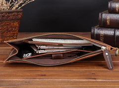 Brown MENS LEATHER SLIM ZIPPER CLUTCH WRISTLET PURSE CLUTCH BAGs FOR MEN