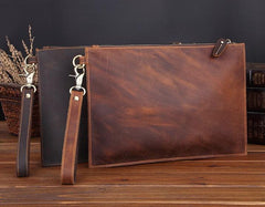 Brown MENS LEATHER SLIM ZIPPER CLUTCH WRISTLET PURSE CLUTCH BAGs FOR MEN