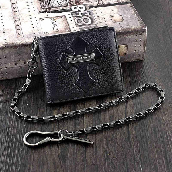 Badass Black Leather Men's Trifold Cross Small Biker Wallet Chain Wallet with chain For Men