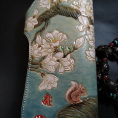 Blue Leather Womens Cherry Blossom Tree Biker Wallet Handmade Tooled Zipper Long Wallets For Men