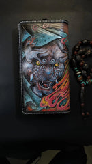 Badass Black Leather Men's Chinese Lion Biker Wallets Handmade Tooled Zipper Long Wallets For Men