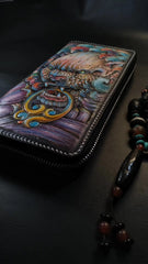 Badass Black Leather Men's Chinese Lion Biker Wallets Handmade Tooled Zipper Long Wallets For Men