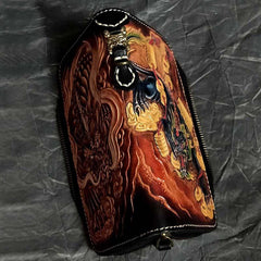 Badass Black Leather Men's Long Biker Handmade Wallet Beast Totem Tooled Zipper Long Chain Wallets For Men