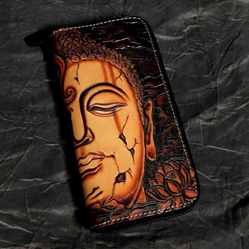 Badass Black Leather Men's Clutch Wallet Buddha Handmade Tooled Zipper Long Wallets For Men