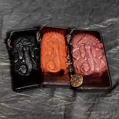 Badass Black Leather Men's Long Biker Handmade Wallet Ganesha Tooled Zipper Chain Long Wallets For Men