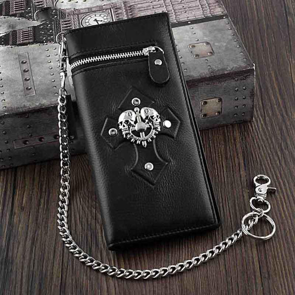 Badass Black Leather Men's Skull Long Biker Wallet Bifold Black Chain Long Wallets For Men - imessengerbags