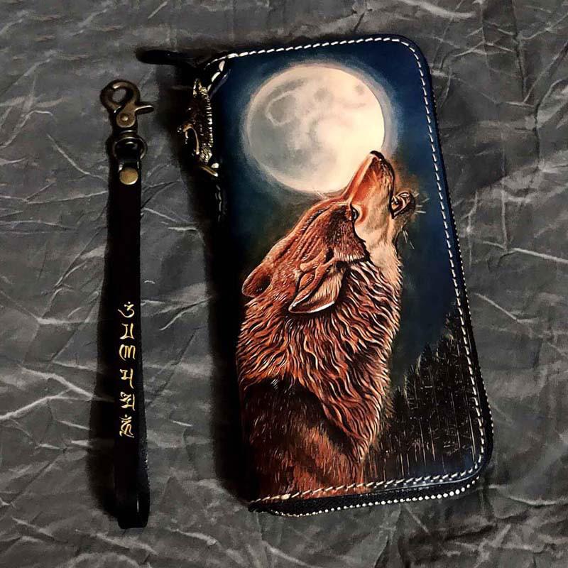 Badass Black Leather Men's Long Biker Wallet Wolf Handmade Tooled Zipper Long Wallets For Men