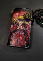 Badass Black Leather Men's Naruto Long Biker Wallet Handmade Tooled Zipper Long Wallets For Men