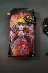 Badass Black Leather Men's Naruto Long Biker Wallet Handmade Tooled Zipper Long Wallets For Men