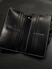 Badass Black Leather Men's Naruto Long Biker Wallet Handmade Tooled Zipper Long Wallets For Men
