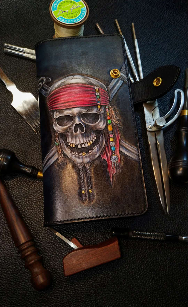 Handmade Leather Skull Tooled Mens Chain Biker Wallet Cool Leather Wallet with Chain Wallets for Men