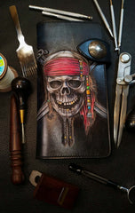 Badass Leather Men's Pirate Skull Long Biker Wallet Handmade Tooled Biker Chain Wallets For Men