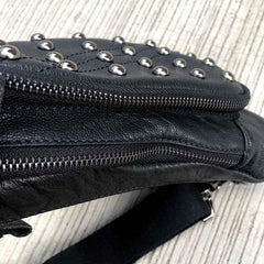 Badass Black Leather Men's Sling Bag Punk Chest Bag Rivet One shoulder Backpack Phone Bag For Men - imessengerbags