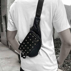 Badass Black Leather Men's Sling Bag Punk Chest Bag Rivet One shoulder Backpack Phone Bag For Men - imessengerbags