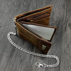 Badass Brown Leather Men's Bifold Small Biker Wallets Chain Wallet Brown Wallet with chain For Men - imessengerbags
