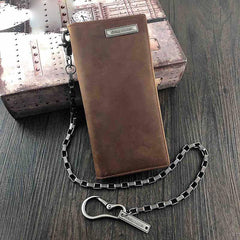 Badass Brown Leather Men's Long Biker Chain Wallet Bifold Long Wallets with Chain For Men