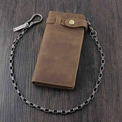 Vintage Brown Leather Men's Long Biker Chain Wallet Brown Badass Bifold Long Wallet with Chain For Men