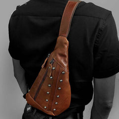 Badass Brown Leather Men's Sling Bags Chest Bag Brown One shoulder Backpack Sling Bag For Men