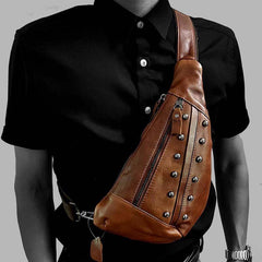 Badass Brown Leather Men's Sling Bags Chest Bag Brown One shoulder Backpack Sling Bag For Men - imessengerbags