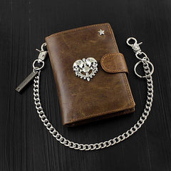 Cool Leather Men's Trifold Punk Ghost Head Skull Biker Wallet Brown Chain Wallets Wallet with chain For Men - imessengerbags