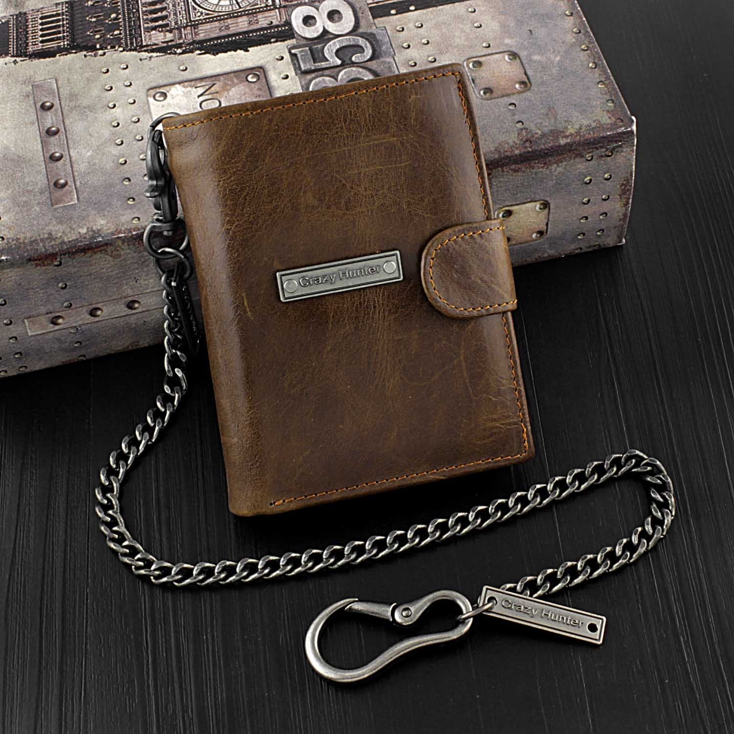 Brown Leather Men's Trifold Small Biker Wallet Chain Wallets Badass Wallet with chain For Men - imessengerbags