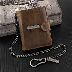Brown Leather Men's Trifold Small Biker Wallet Chain Wallets Badass Wallet with chain For Men - imessengerbags