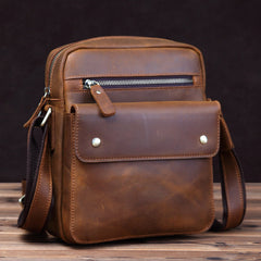 Vintage Brown Leather Messenger Bag Men's Vertical Side Bag Small Vertical Courier Bag For Men