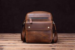 Vintage Brown Leather Messenger Bag Men's Vertical Side Bag Small Vertical Courier Bag For Men