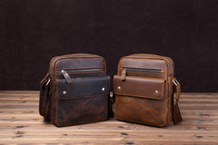 Vintage Brown Leather Messenger Bag Men's Vertical Side Bag Small Vertical Courier Bag For Men