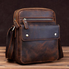 Vintage Brown Leather Messenger Bag Men's Vertical Side Bag Small Vertical Courier Bag For Men