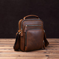 Small Brown Leather Messenger Bag Men's Vertical Side Bag Mini Vertical HandBag Courier Bag For Men