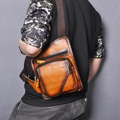 Badass Leather Sling Bag Men's Small Sling Pack Tan Sling Backpack Small Courier Bag For Men