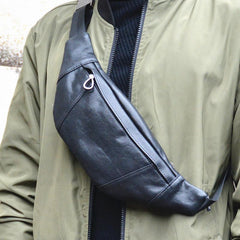 Small Black Leather Fanny Pack Men's Leather Chest Bag Black Leather Hip Bag Small Waist Bags For Men