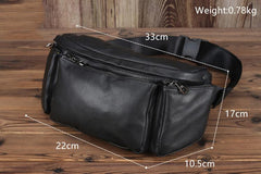 Black Leather Fanny Pack Men's Black Chest Bag Hip Bag Large Capacity Waist Bag For Men