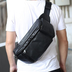 Black Leather Fanny Pack Men's Black Chest Bag Hip Bag Large Capacity Waist Bag For Men