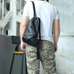 Badass Black Leather Backpack Men's Sling Bag Chest Bag One shoulder Backpack Sling Bag For Men - imessengerbags