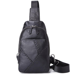Black Leather Men's 8-inch One shoulder Backpack Sling Bag Black Chest Bag Sports Bag For Men - imessengerbags
