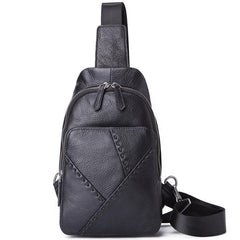 Black Leather Men's 8-inch One shoulder Backpack Sling Bag Black Chest Bag Sports Bag For Men
