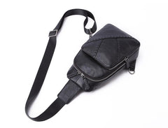 Black Leather Men's 8-inch One shoulder Backpack Sling Bag Black Chest Bag Sports Bag For Men - imessengerbags