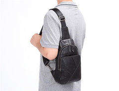 Black Leather Men's 8-inch One shoulder Backpack Sling Bag Black Chest Bag Sports Bag For Men - imessengerbags
