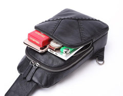 Black Leather Men's 8-inch One shoulder Backpack Sling Bag Black Chest Bag Sports Bag For Men - imessengerbags