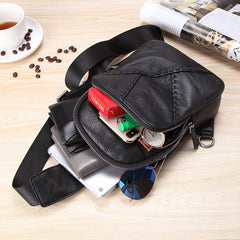Black Leather Men's 8-inch One shoulder Backpack Sling Bag Black Chest Bag Sports Bag For Men - imessengerbags