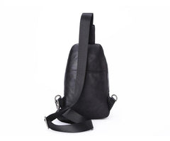 Black Leather Men's 8-inch One shoulder Backpack Sling Bag Black Chest Bag Sports Bag For Men - imessengerbags