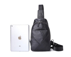 Black Leather Men's 8-inch One shoulder Backpack Sling Bag Black Chest Bag Sports Bag For Men - imessengerbags