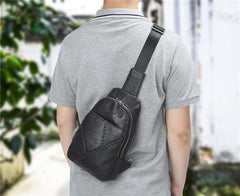 Black Leather Men's 8-inch One shoulder Backpack Sling Bag Black Chest Bag Sports Bag For Men - imessengerbags