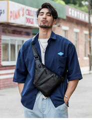 Badass Black Leather Men's Sling Bag Chest Bag Black One shoulder Backpack Bundy Bag For Men - imessengerbags