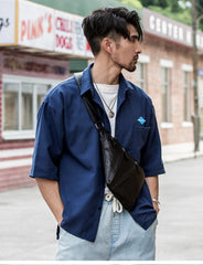 Badass Black Leather Men's Sling Bag Chest Bag Black One shoulder Backpack Bundy Bag For Men - imessengerbags