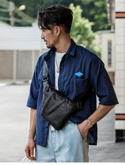 Badass Black Leather Men's Sling Bag Chest Bag Black One shoulder Backpack Bundy Bag For Men - imessengerbags