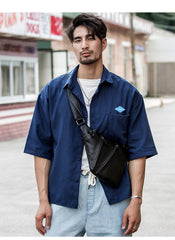 Badass Black Leather Men's Sling Bag Chest Bag Black One shoulder Backpack Bundy Bag For Men - imessengerbags