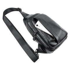 Badass Black Leather Backpack Men's 8-inch Sling Bag Chest Bag One shoulder Backpack Sports Bag For Men - imessengerbags